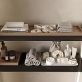 Washing Daily Necessities On Bathroom Shelves With Folded Rolled Towels And Soap Items