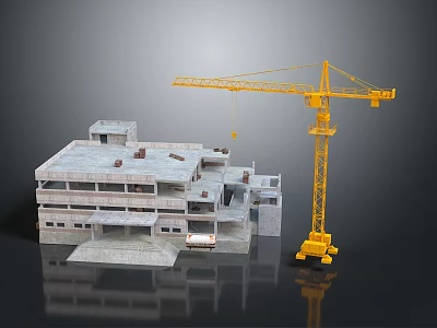 Under Construction Multi Storey Building With Yellow Crane And Structural Framework 3d model