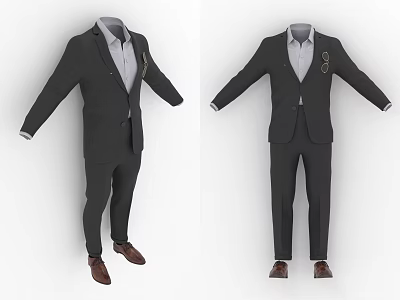 Men's Black Formal Suit With Dress Shirt And Brown Leather Shoes 3d model