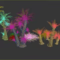 Multiple Palm Trees With Green Leaves And Brown Trunks Yellow Flowers In Decorative Arrangement