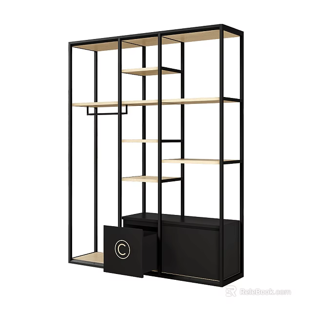 Modern Bookcase With Black Metal Frame Beige Wooden Shelves And Black Drawer With Circular Logo 3d model 
