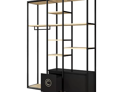Modern Bookcase With Black Metal Frame Beige Wooden Shelves And Black Drawer With Circular Logo 3d model