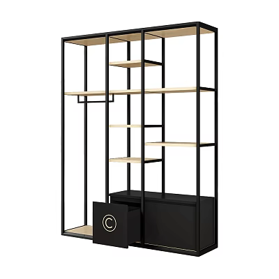 Modern Bookcase With Black Metal Frame Beige Wooden Shelves And Black Drawer With Circular Logo 3d model
