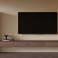 Sleek Wooden TV Stand Featuring Wall Mounted Television Beige Wall Decorative Items And Wooden Floor