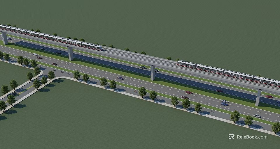 Elevated Metro Track With Running Trains Adjacent Road Vehicles And Green Trees 3d model 