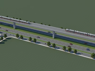 Elevated Metro Track With Running Trains Adjacent Road Vehicles And Green Trees 3d model