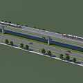 Elevated Metro Track With Running Trains Adjacent Road Vehicles And Green Trees