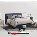 Blue Upholstered Kids Bed with Gray Bedding Nightstand Table Lamp Globe Toys and Striped Rug