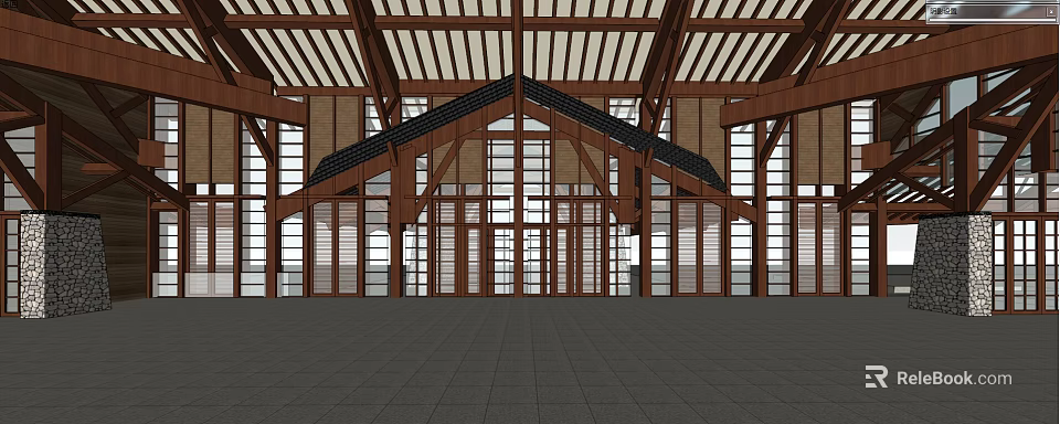 Modern Architectural Interior With Wooden Roof Structure Large Glass Windows And Gray Floor Tiles 3d model 