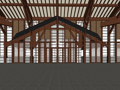 Modern Architectural Interior With Wooden Roof Structure Large Glass Windows And Gray Floor Tiles 3d model