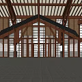 Modern Architectural Interior With Wooden Roof Structure Large Glass Windows And Gray Floor Tiles