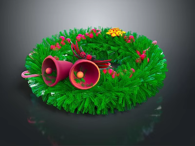 Festive Winter Hat Decorated With Green Wreath Red Bells And Colorful Flowers 3d model