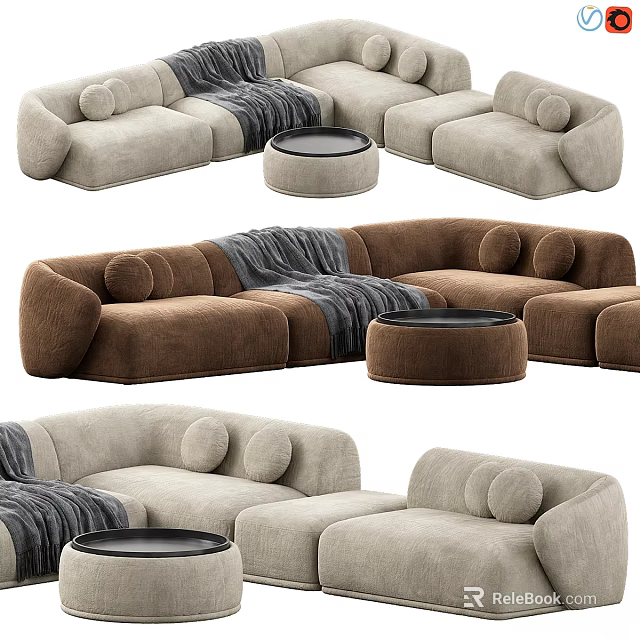 Modern Two Seater Sofa Interior With Round Ottoman And Soft Cushions In Neutral Tones 3d model 