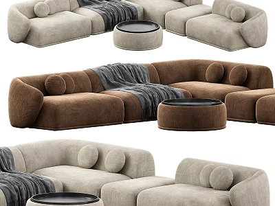 Modern Two Seater Sofa Interior With Round Ottoman And Soft Cushions In Neutral Tones 3d model