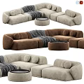 Modern Two Seater Sofa Interior With Round Ottoman And Soft Cushions In Neutral Tones