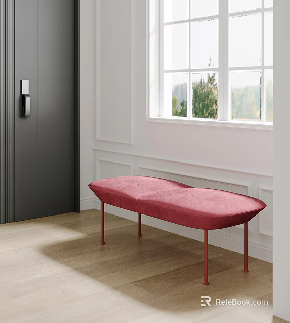 Red Upholstered Sofa Bench In Modern Interior With White Walls Wooden Floor And Window 3d model 