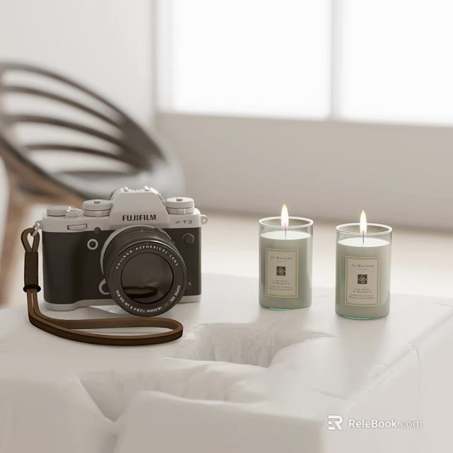 Fujifilm Digital Camera Display With Two Lit Candles On White Table Top 3d model 