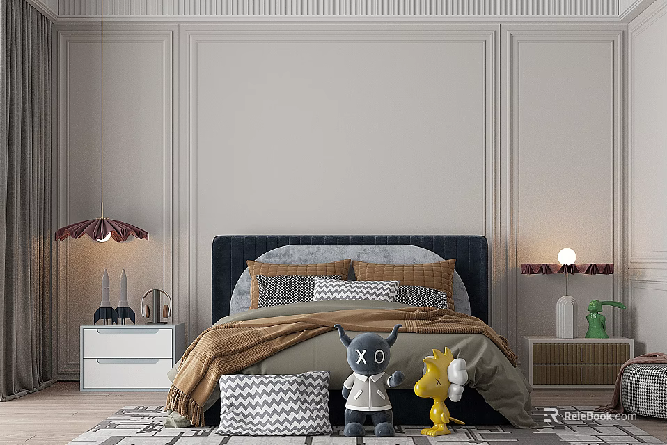 Kids Room Interior With Dark Headboard Bed Pillows Plush Toys Nightstands And Wall Paneling 3d model 