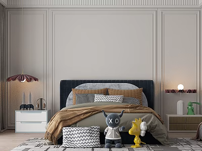 Kids Room Interior With Dark Headboard Bed Pillows Plush Toys Nightstands And Wall Paneling 3d model