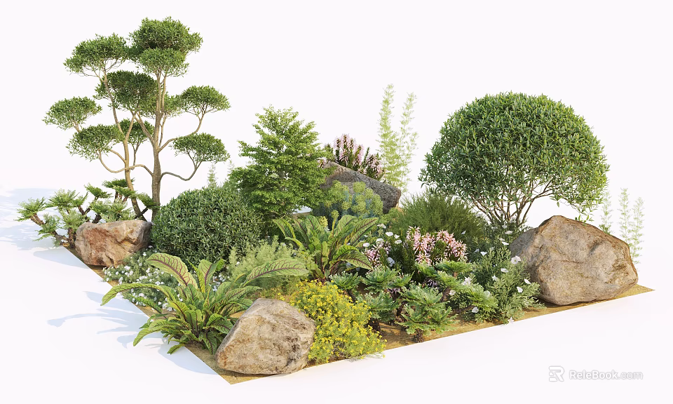 Beautiful Flowers and Plants with Various Bushes Trees and Rocks in Natural Garden Landscape 3d model 