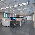 Spacious Public Office Area With Desks Computers Chairs Ceiling Lights And Windows 3d model