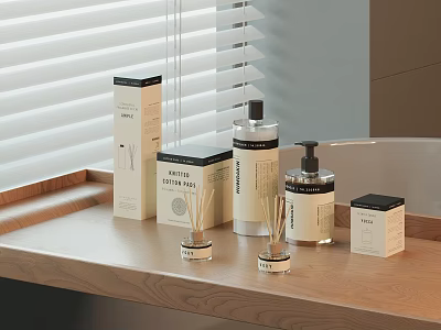Stylish Fragrance Products Display With Reed Diffusers And Packaging On Wooden Countertop 3d model