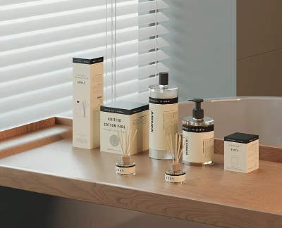Stylish Fragrance Products Display With Reed Diffusers And Packaging On Wooden Countertop 3d model