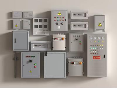 Industrial Electrical Control Panels And Distribution Boxes With Switches Indicator Lights Warning Signs 3d model