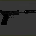 Classic Metal Pistol With Silencer And Wooden Grip Isolated On Dark Background