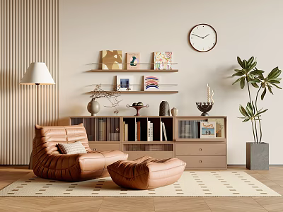 Modern Cozy Living Room Single Sofa with Ottoman Bookshelf Floor Lamp Potted Plant and Rug 3d model