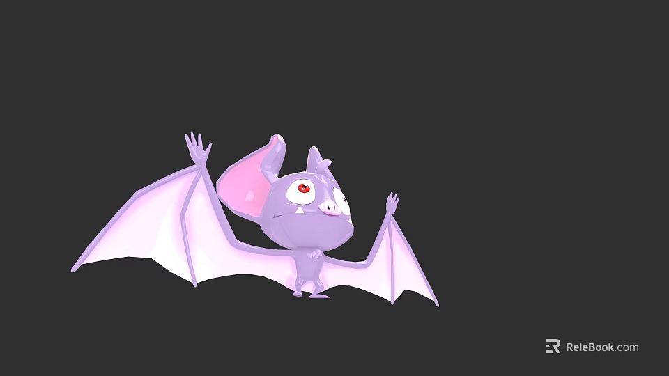 Flying Animal Cute Purple And Pink Cartoon Bat With Large Ears Red Eyes Spread Wings 3d model 
