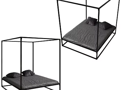 Modern Double Bed with Black Metal Frame Gray Mattress and Pillows 3d model