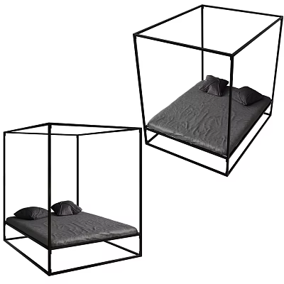 Modern Double Bed with Black Metal Frame Gray Mattress and Pillows 3d model