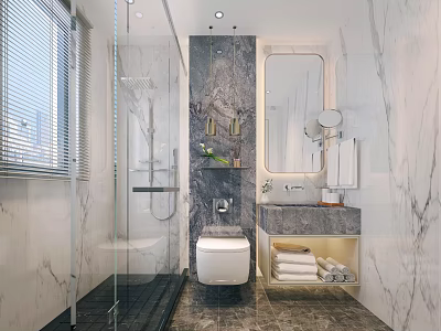Modern Light Luxury Marble Bathroom With Glass Shower Enclosure And Practical Built In Storage Vanity 3d model
