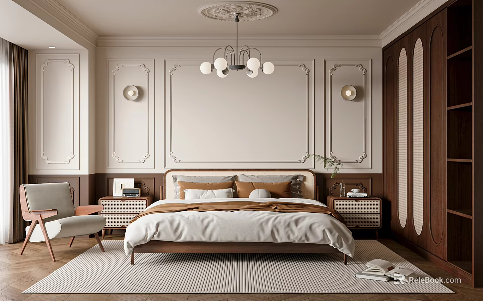Elegant Bedroom Interior Design With Wall Paneling Chandelier Bed Nightstands And Accent Chair 3d model 