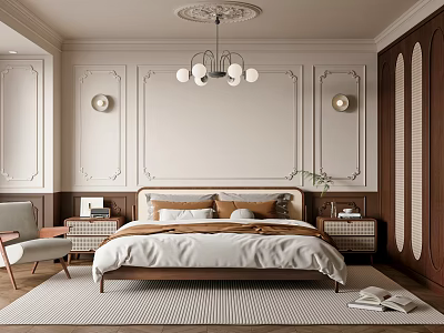 Elegant Bedroom Interior Design With Wall Paneling Chandelier Bed Nightstands And Accent Chair 3d model