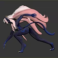 Dynamic Fantasy Creature With Purple Body Pink Flowing Hair Blue Glowing Markings And Yellow Eyes