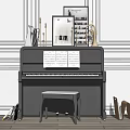 Black Piano and Art Supplies Setup with Sheet Music Stool and Wooden Easels