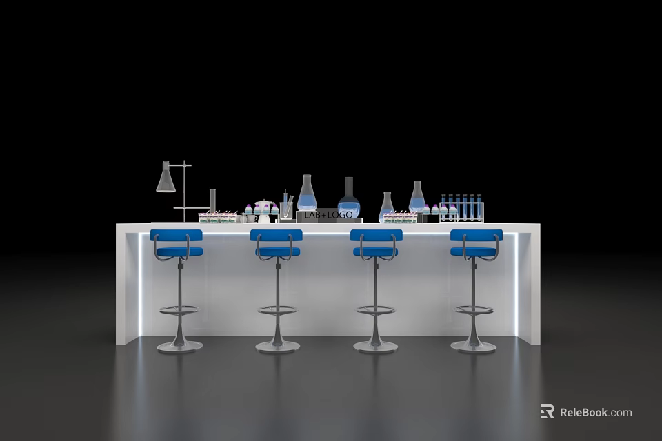 Modern Laboratory With White Bench Blue Bar Stools And Scientific Equipment 3d model 