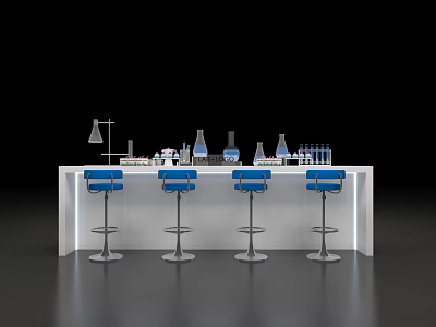 Modern Laboratory With White Bench Blue Bar Stools And Scientific Equipment 3d model