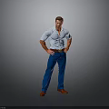 Man Standing with Hands on Hips Light Blue Shirt Blue Pants Red Shoes Gray Background