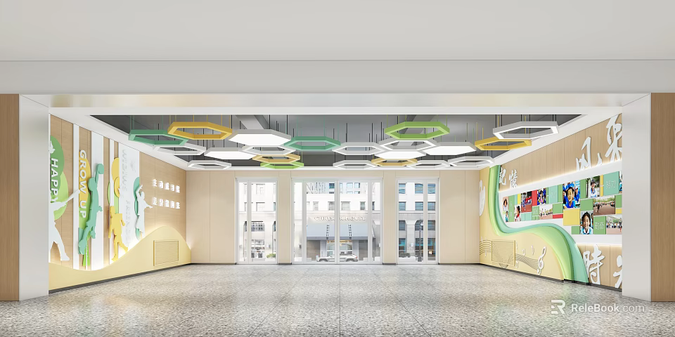Bright Spacious School Hall with Hexagonal Pendant Lights Windows Colorful Walls and Display Boards 3d model 