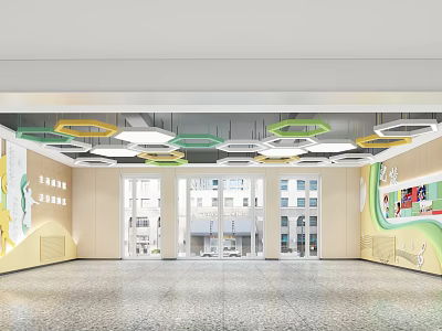 Bright Spacious School Hall with Hexagonal Pendant Lights Windows Colorful Walls and Display Boards 3d model