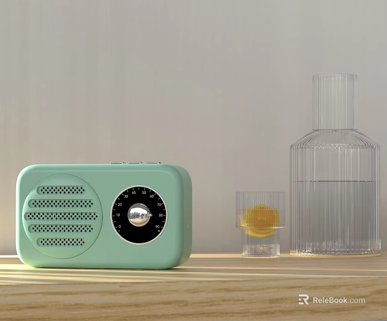 Light Green Radio On Wooden Tabletop With Clear Glass Bottle And Small Glass 3d model 