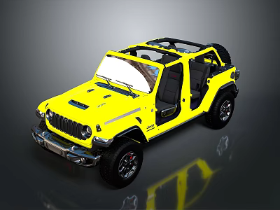 Yellow Jeep Convertible With Open Doors And Black Top Exterior Design 3d model