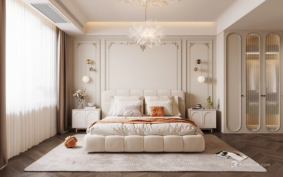 Modern Elegant Bedroom Interior Design With Upholstered Headboard Crystal Chandelier And Decorative Wall Panels 3d model 