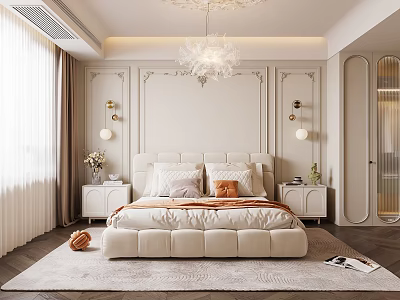 Modern Elegant Bedroom Interior Design With Upholstered Headboard Crystal Chandelier And Decorative Wall Panels 3d model