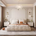 Modern Elegant Bedroom Interior Design With Upholstered Headboard Crystal Chandelier And Decorative Wall Panels