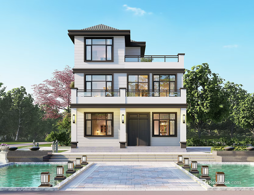 Modern Two Story Detached Villa Exterior Design With Balcony Lush Green Garden Front Pool 3d model 