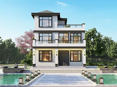 Modern Two Story Detached Villa Exterior Design With Balcony Lush Green Garden Front Pool 3d model